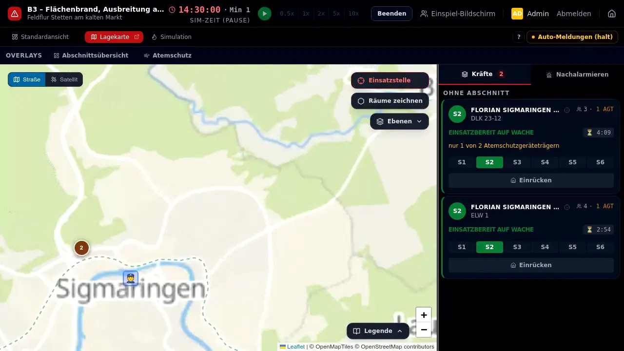 Lagekarte mit Kräften auf der Anfahrt und ihrem Status