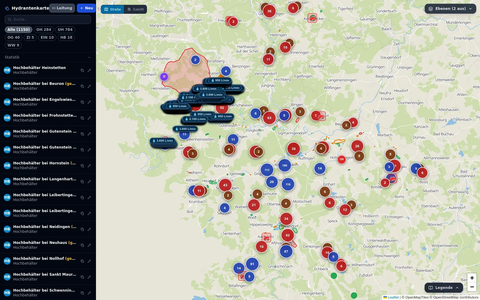 Hydrantenkarte mit Entnahmestellen des örtlichen Netzes
