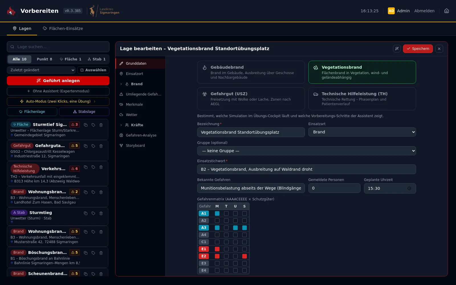 Lage-Assistent mit Grunddaten, Gefahrenmatrix und Fahrzeugplanung